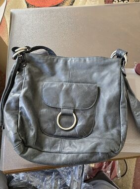 Black Leather Shoulder Bag with Front Ring Detail